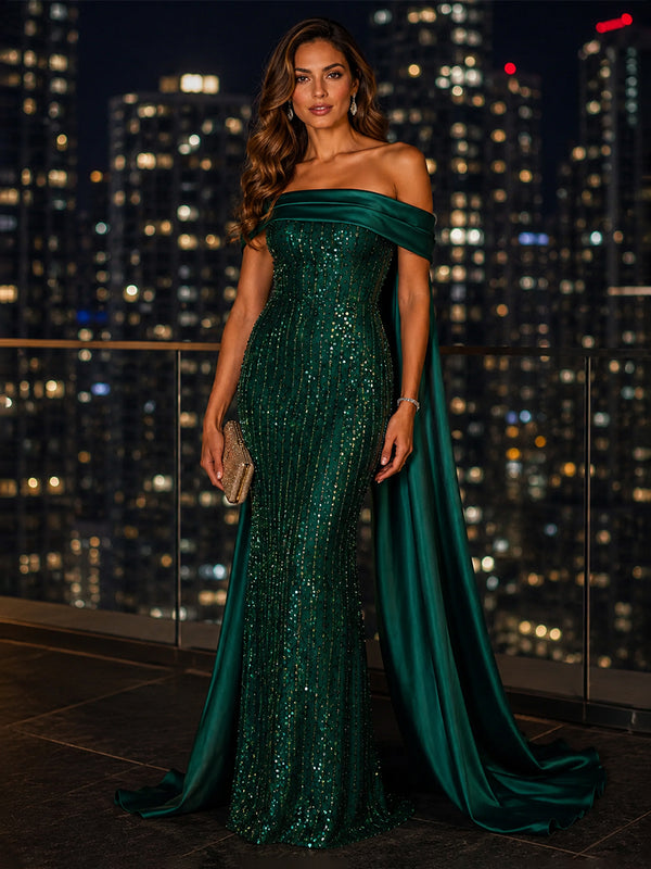 Sequin Sheath/Column Off Shoulder Floor-Length Evening Dresses
