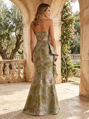 Jacquard Sheath/Column Strapless Floor-Length Evening Dresses with Ruffles