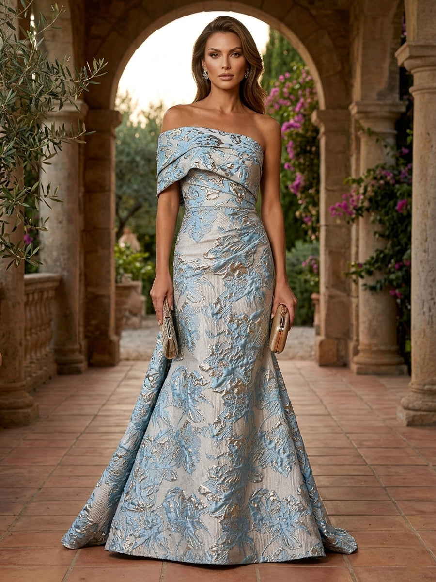 Jacquard Mermaid/Trumpet One Shoulder Floor-Length Evening Dresses with Ruched Waist