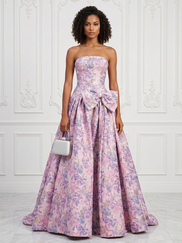 Jacquard A-Line/Princess Strapless Floor-Length Evening Dresses with Ruched Waist & Bow
