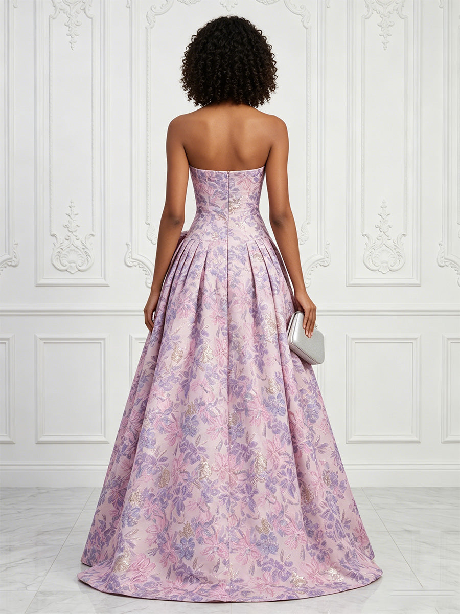 Jacquard A-Line/Princess Strapless Floor-Length Evening Dresses with Ruched Waist & Bow