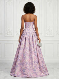 Jacquard A-Line/Princess Strapless Floor-Length Evening Dresses with Ruched Waist & Bow