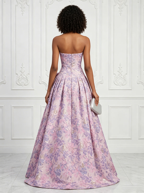 Jacquard A-Line/Princess Strapless Floor-Length Evening Dresses with Ruched Waist & Bow