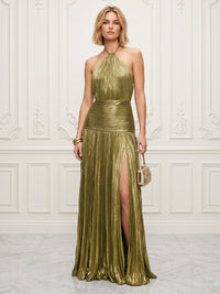 Metallic Satin A-Line/Princess Halter Floor-Length Evening Dresses with Pleats & Slit