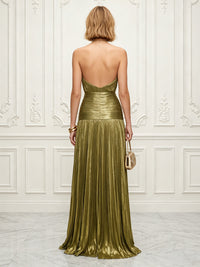 Metallic Satin A-Line/Princess Halter Floor-Length Evening Dresses with Pleats & Slit
