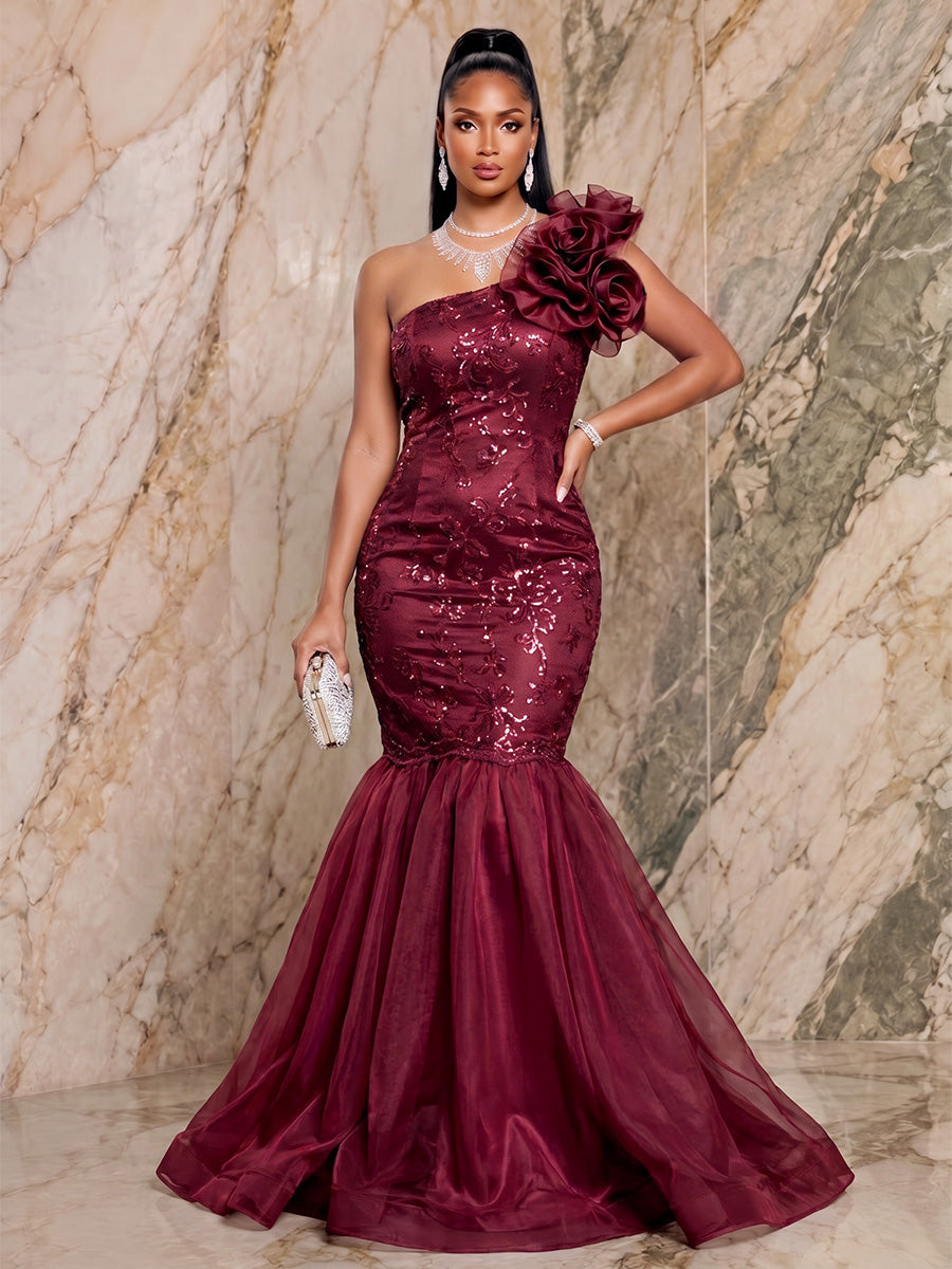 Organza Mermaid/Trumpet One Shoulder Floor-Length Evening Dresses with 3D Flowers