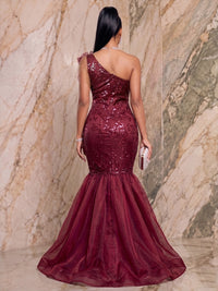 Organza Mermaid/Trumpet One Shoulder Floor-Length Evening Dresses with 3D Flowers