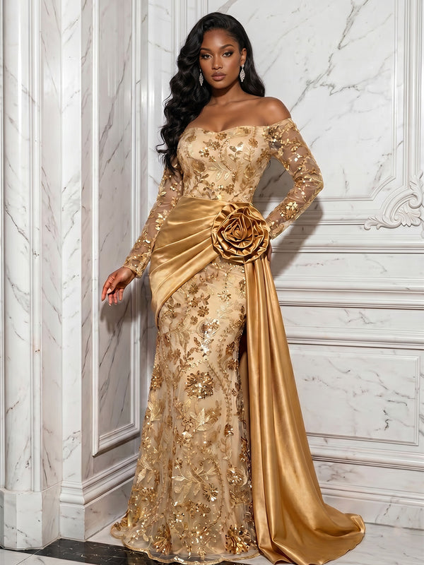 Sequin Floral Sheath/Column Off Shoulder Floor-Length Evening Dresses with Satin Sweep Train