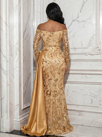 Sequin Floral Sheath/Column Off Shoulder Floor-Length Evening Dresses with Satin Sweep Train