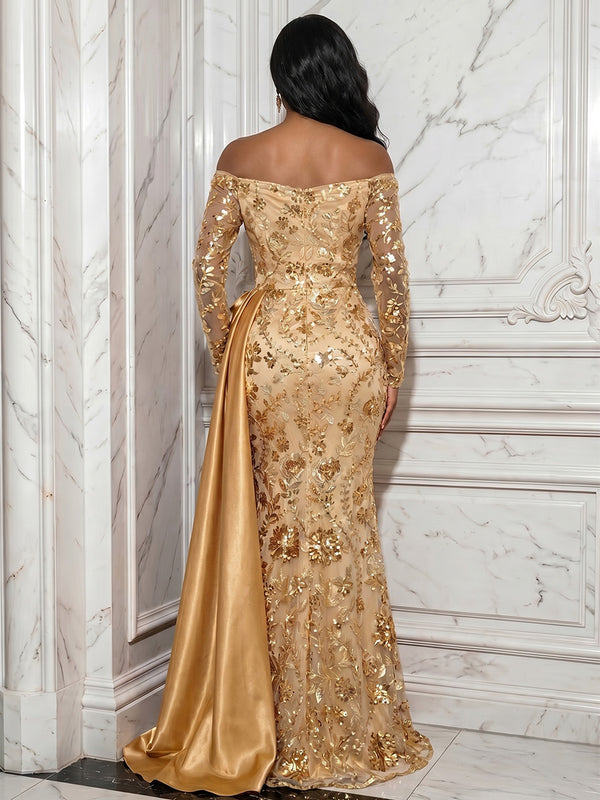 Sequin Floral Sheath/Column Off Shoulder Floor-Length Evening Dresses with Satin Sweep Train