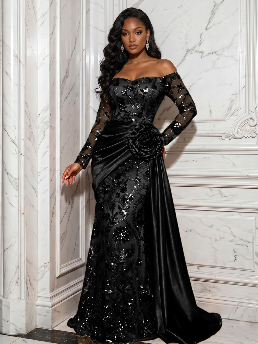 Sequin Floral Sheath/Column Off Shoulder Floor-Length Evening Dresses with Satin Sweep Train