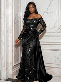 Sequin Floral Sheath/Column Off Shoulder Floor-Length Evening Dresses with Satin Sweep Train