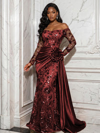 Sequin Floral Sheath/Column Off Shoulder Floor-Length Evening Dresses with Satin Sweep Train