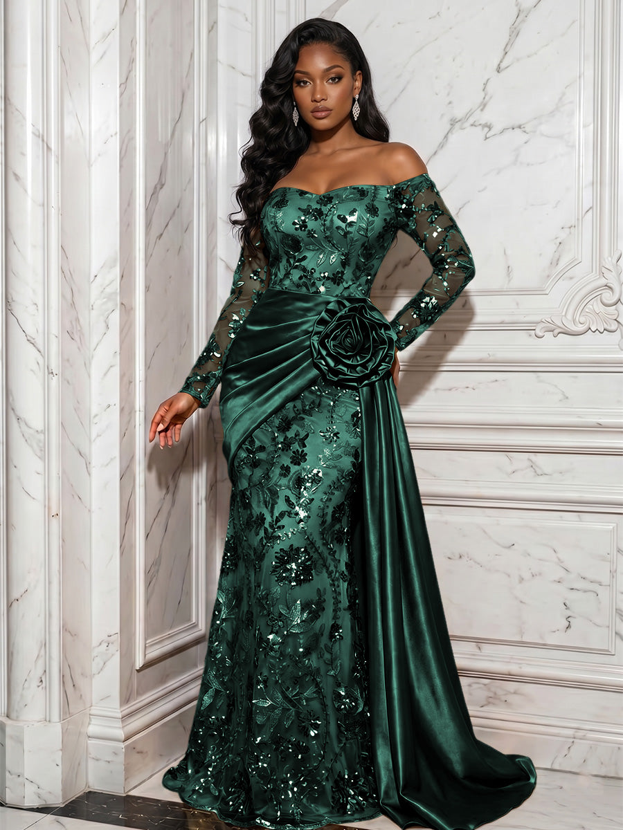 Sequin Floral Sheath/Column Off Shoulder Floor-Length Evening Dresses with Satin Sweep Train