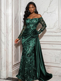 Sequin Floral Sheath/Column Off Shoulder Floor-Length Evening Dresses with Satin Sweep Train