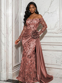 Sequin Floral Sheath/Column Off Shoulder Floor-Length Evening Dresses with Satin Sweep Train