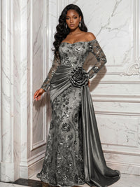 Sequin Floral Sheath/Column Off Shoulder Floor-Length Evening Dresses with Satin Sweep Train