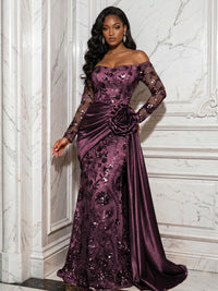 Sequin Floral Sheath/Column Off Shoulder Floor-Length Evening Dresses with Satin Sweep Train