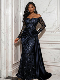 Sequin Floral Sheath/Column Off Shoulder Floor-Length Evening Dresses with Satin Sweep Train