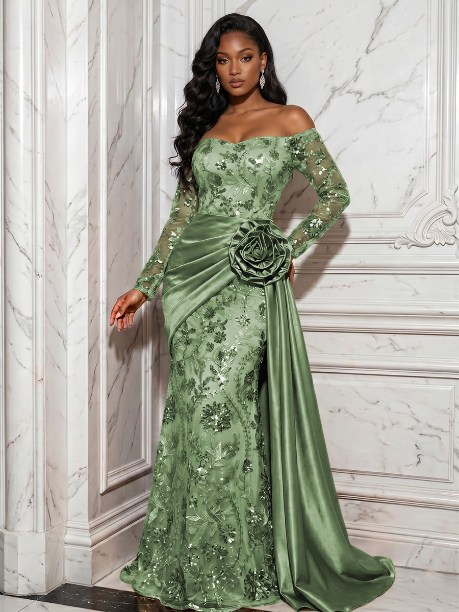 Sequin Floral Sheath/Column Off Shoulder Floor-Length Evening Dresses with Satin Sweep Train