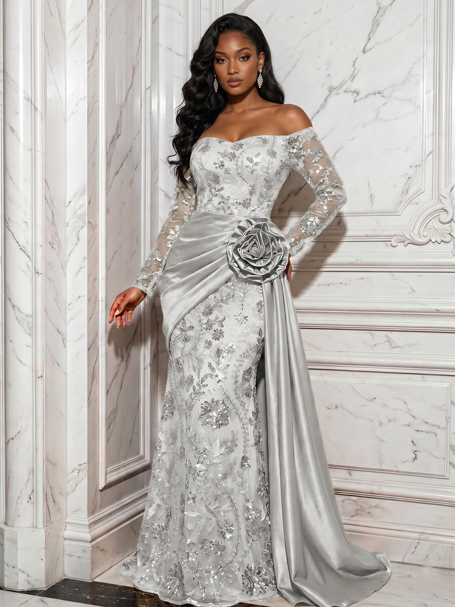 Sequin Floral Sheath/Column Off Shoulder Floor-Length Evening Dresses with Satin Sweep Train