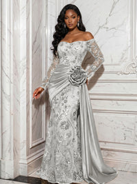 Sequin Floral Sheath/Column Off Shoulder Floor-Length Evening Dresses with Satin Sweep Train