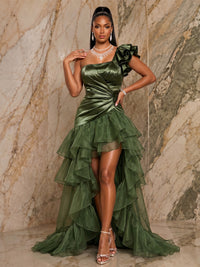 Tulle A-Line/Princess One Shoulder Floor-Length Evening Dresses with Satin Bodice & Ruched Waist