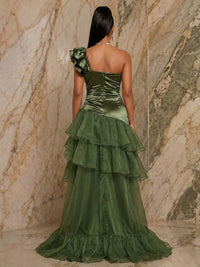 Tulle A-Line/Princess One Shoulder Floor-Length Evening Dresses with Satin Bodice & Ruched Waist
