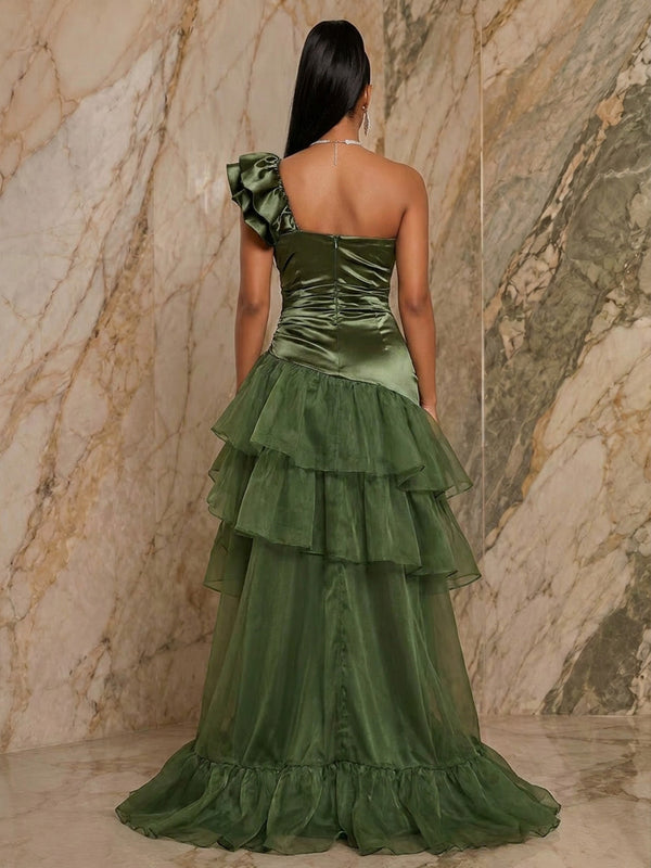 Tulle A-Line/Princess One Shoulder Floor-Length Evening Dresses with Satin Bodice & Ruched Waist