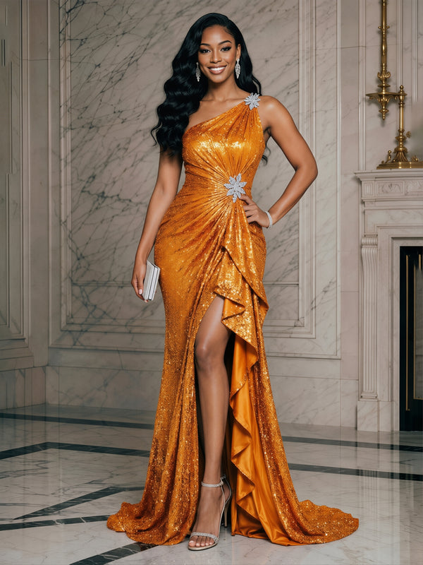 Sequin Sheath/Column One Shoulder Floor-Length Evening Dresses with Satin Ruched Bodice, Tiered Layers & Slit