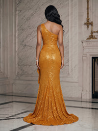 Sequin Sheath/Column One Shoulder Floor-Length Evening Dresses with Satin Ruched Bodice, Tiered Layers & Slit