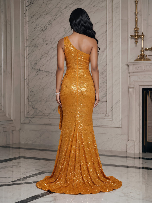 Sequin Sheath/Column One Shoulder Floor-Length Evening Dresses with Satin Ruched Bodice, Tiered Layers & Slit