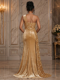 Sequin Sheath/Column One Shoulder Floor-Length Evening Dresses with Ruched Waist, Sweep Train & Slit