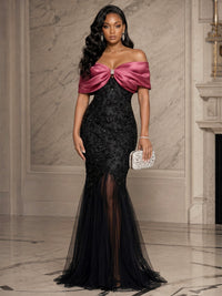 Sequin Floral Mermaid/Trumpet Off Shoulder Floor-Length Evening Dresses with Tulle
