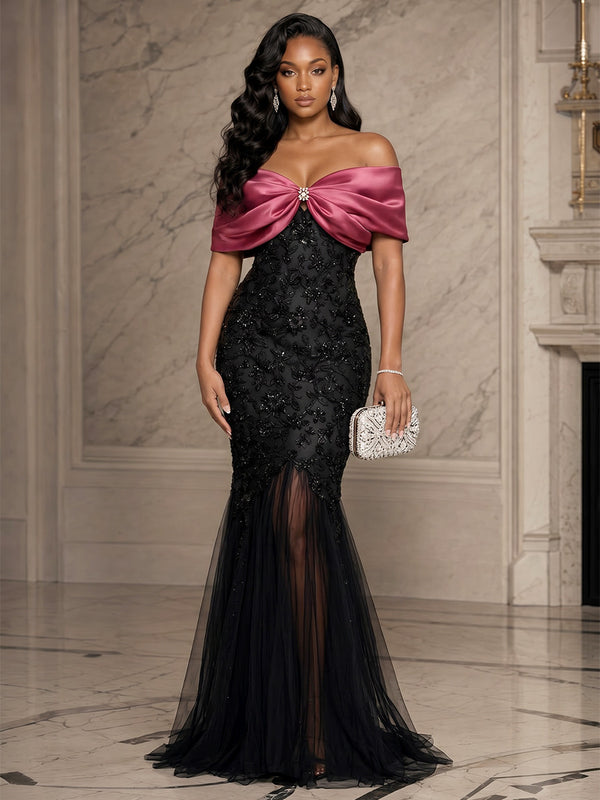 Sequin Floral Mermaid/Trumpet Off Shoulder Floor-Length Evening Dresses with Tulle