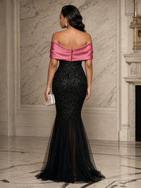 Sequin Floral Mermaid/Trumpet Off Shoulder Floor-Length Evening Dresses with Tulle
