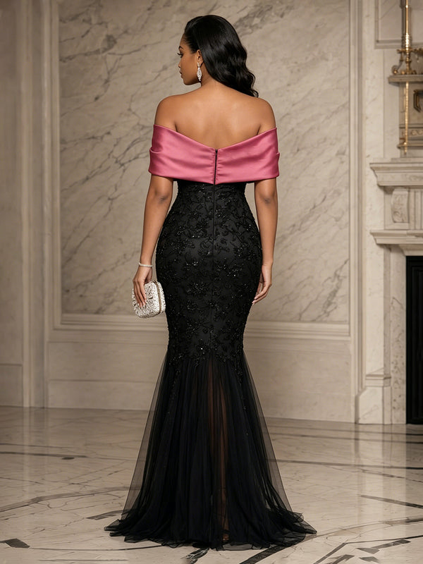 Sequin Floral Mermaid/Trumpet Off Shoulder Floor-Length Evening Dresses with Tulle