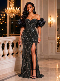 Sequin Sheath/Column Off Shoulder Floor-Length Evening Dresses with Slit