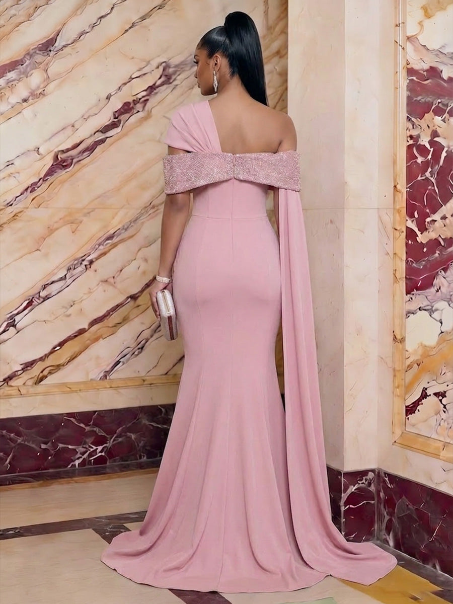 Stretch Mesh Sheath/Column Off Shoulder Floor-Length Evening Dresses with Slit