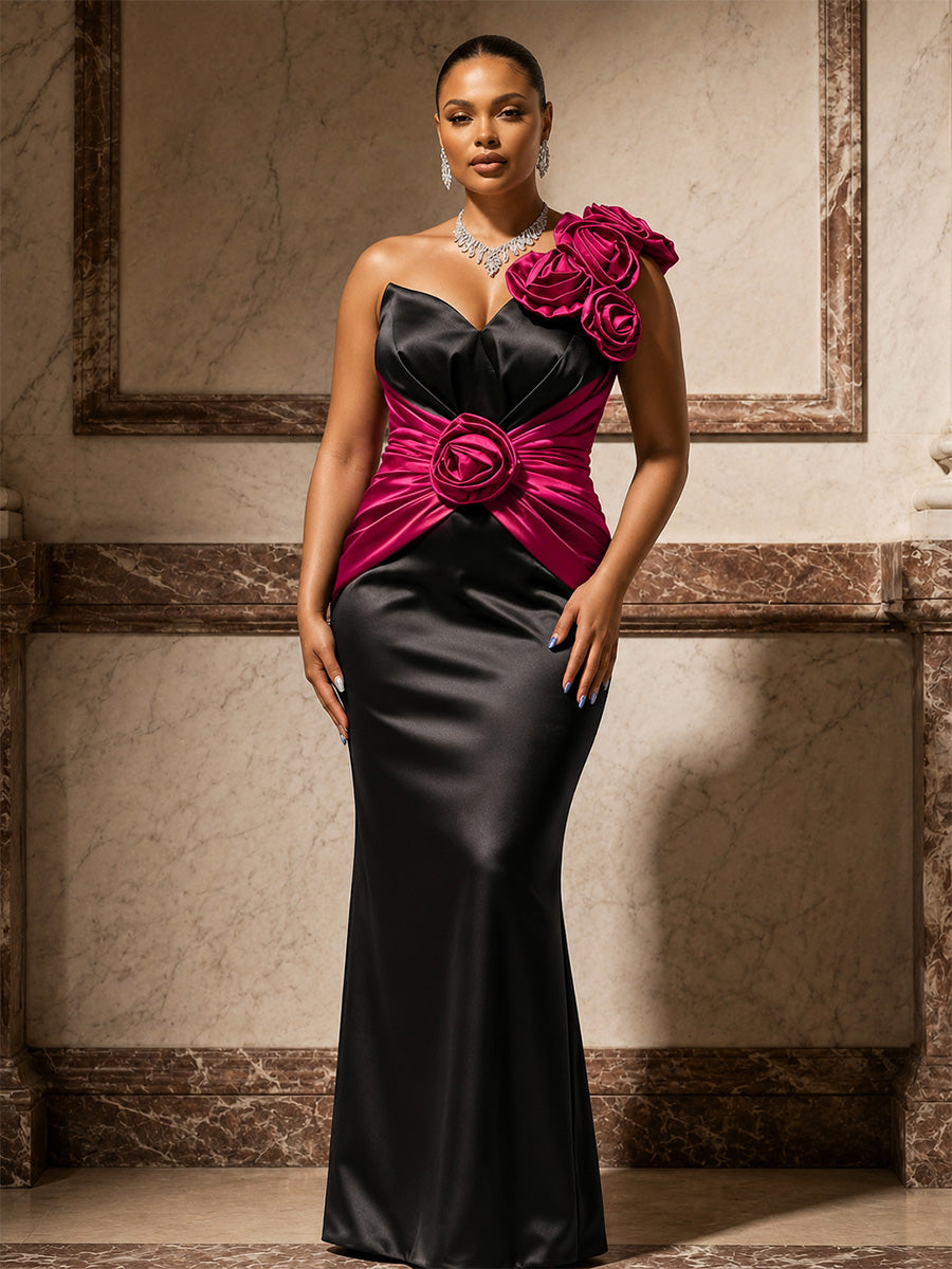 Satin Sheath/Column One Shoulder Floor-Length Evening Dresses with 3D Flowers & Ruched Waist
