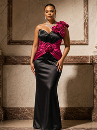 Satin Sheath/Column One Shoulder Floor-Length Evening Dresses with 3D Flowers & Ruched Waist