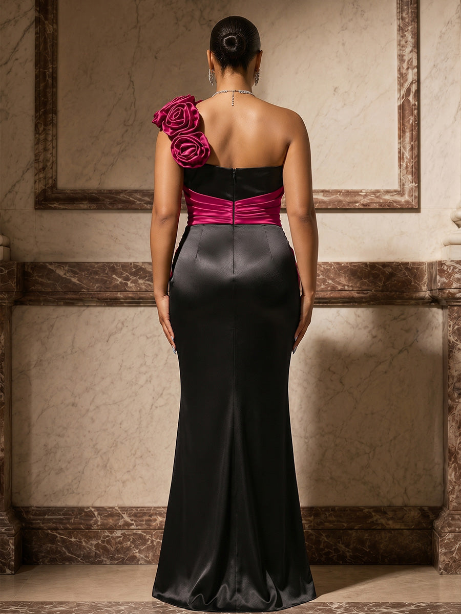 Satin Sheath/Column One Shoulder Floor-Length Evening Dresses with 3D Flowers & Ruched Waist