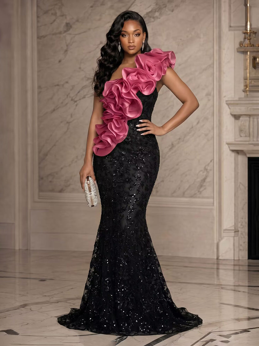 Sequin Floral Mermaid/Trumpet One Shoulder Floor-Length Evening Dresses with 3D Flowers