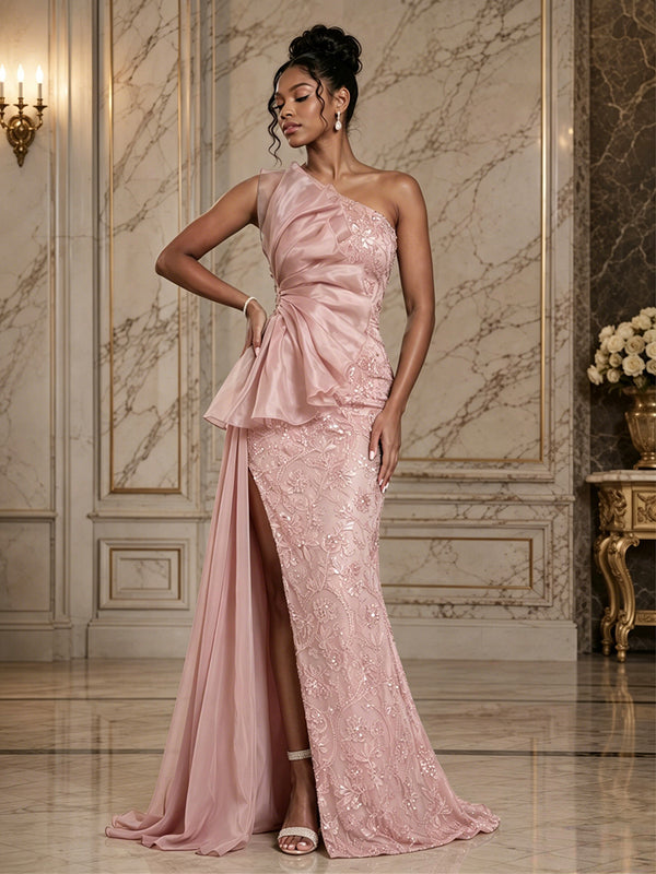 Sequin Floral Sheath/Column One Shoulder Floor-Length Evening Dresses with Ruffles & Slit