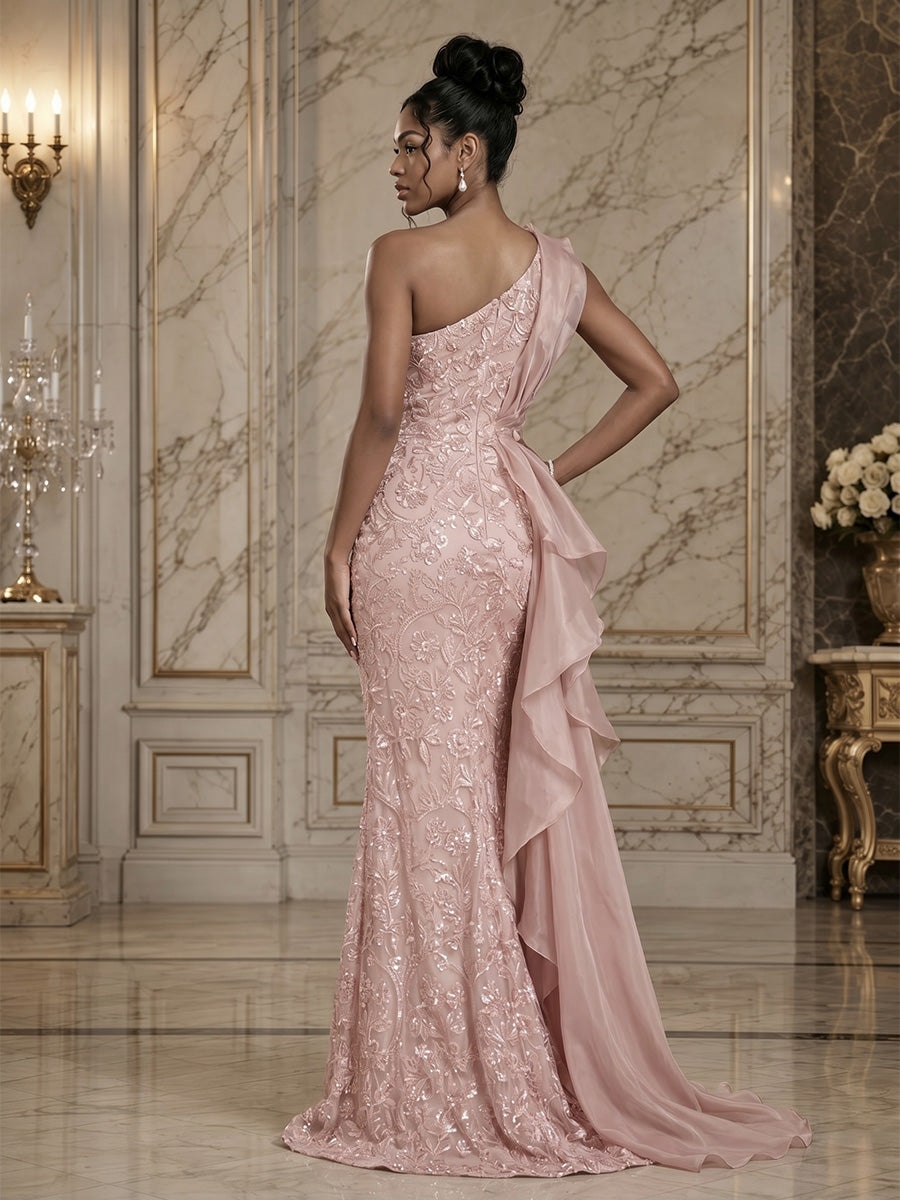 Sequin Floral Sheath/Column One Shoulder Floor-Length Evening Dresses with Ruffles & Slit