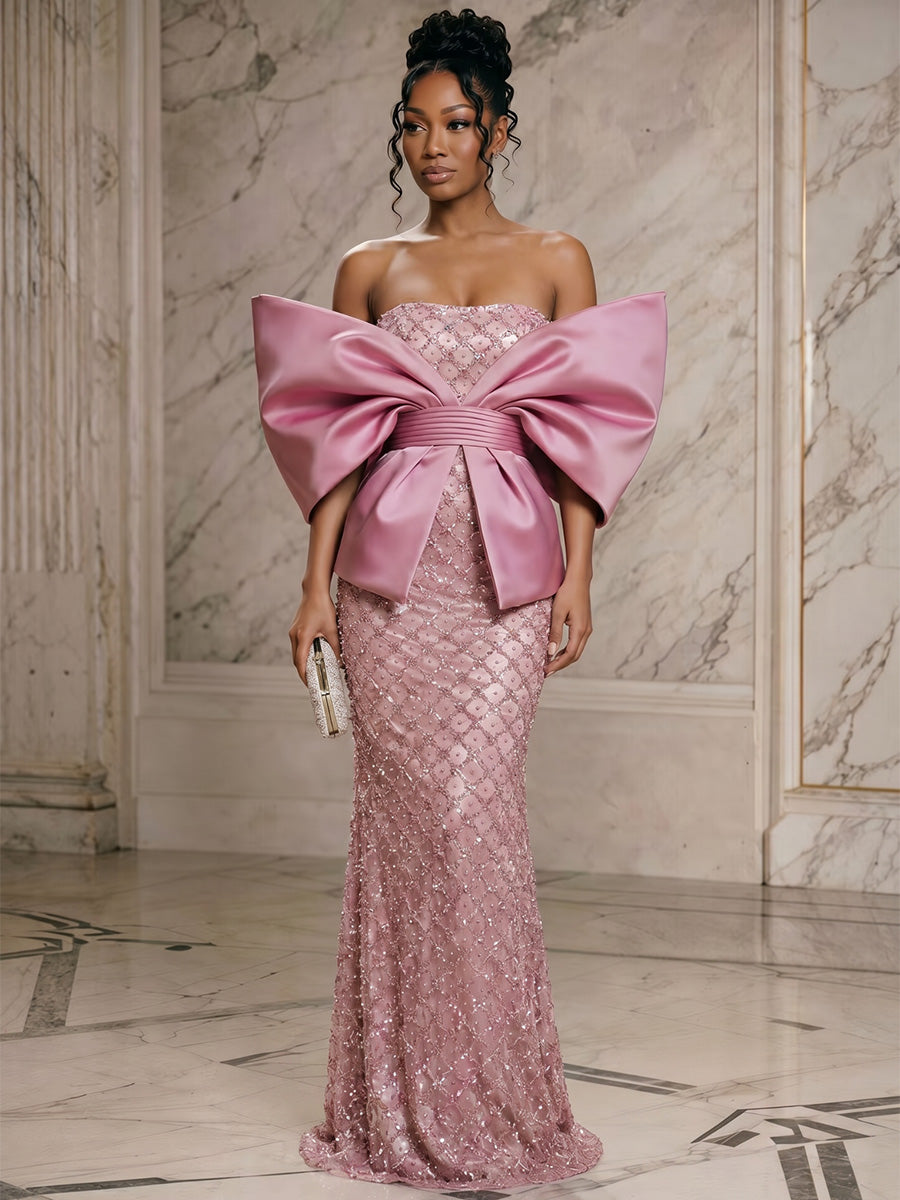 Sequin Sheath/Column Off Shoulder Floor-Length Evening Dresses with Ruched Waist & Bow