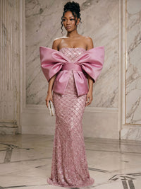 Sequin Sheath/Column Off Shoulder Floor-Length Evening Dresses with Ruched Waist & Bow