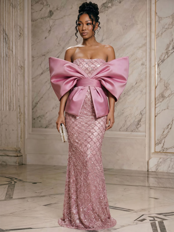 Sequin Sheath/Column Off Shoulder Floor-Length Evening Dresses with Ruched Waist & Bow