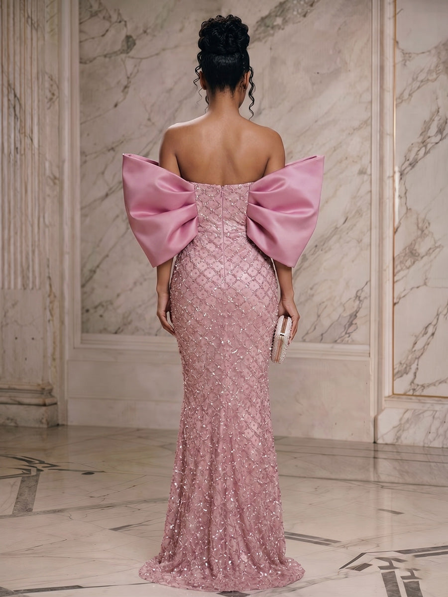 Sequin Sheath/Column Off Shoulder Floor-Length Evening Dresses with Ruched Waist & Bow