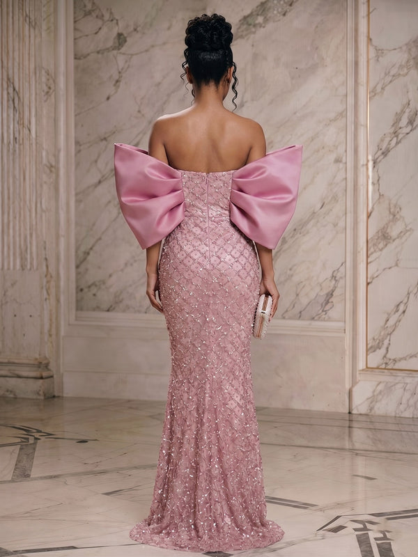 Sequin Sheath/Column Off Shoulder Floor-Length Evening Dresses with Ruched Waist & Bow
